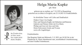 Anzeige von Helga Maria Kupke von Schwäbische Zeitung