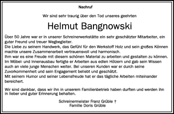 Anzeige von Helmut Bangnowski von Schwäbische Zeitung