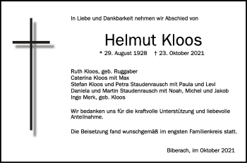 Anzeige von Helmut Kloos von Schwäbische Zeitung