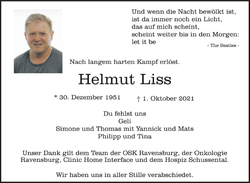  Traueranzeige für Helmut Liss vom 16.10.2021 aus Schwäbische Zeitung