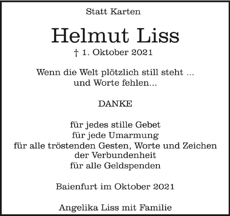  Traueranzeige für Helmut Liss vom 20.10.2021 aus Schwäbische Zeitung
