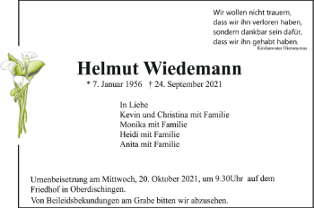 Anzeige von Helmut Wiedemann von Schwäbische Zeitung