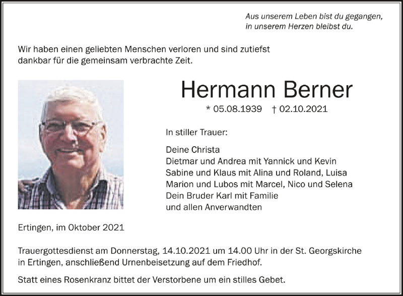  Traueranzeige für Hermann Berner vom 12.10.2021 aus Schwäbische Zeitung