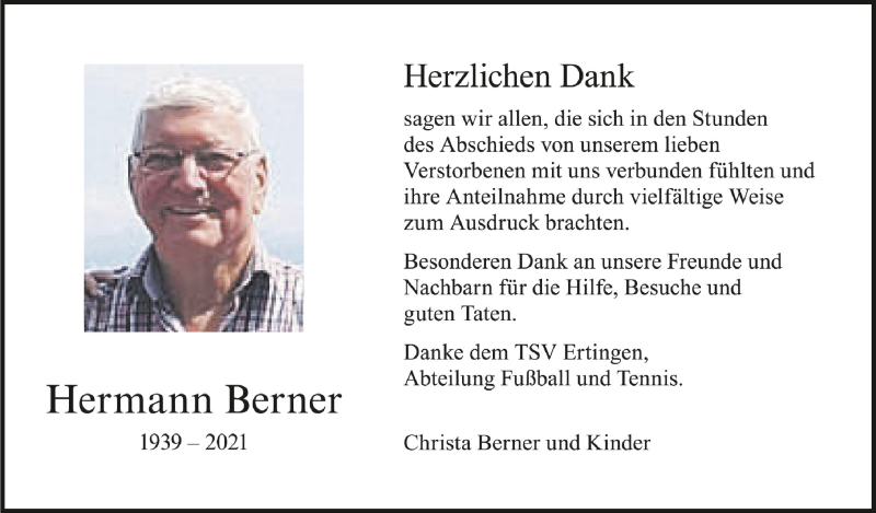  Traueranzeige für Hermann Berner vom 21.10.2021 aus Schwäbische Zeitung