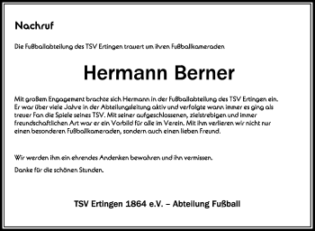 Anzeige von Hermann Berner von Schwäbische Zeitung
