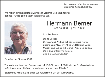 Anzeige von Hermann Berner von Schwäbische Zeitung