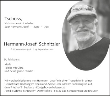 Anzeige von Hermann-Josef Schnitzler von Schwäbische Zeitung