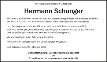 Anzeige von Hermann Schunger von Schwäbische Zeitung