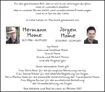 Anzeige von Hermann und Jörgen Home  von Schwäbische Zeitung