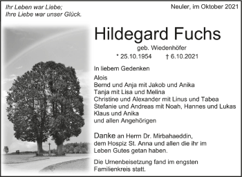 Anzeige von Hildegard Fuchs von Schwäbische Zeitung