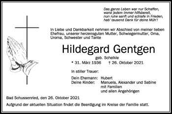 Anzeige von Hildegard Gentgen von Schwäbische Zeitung