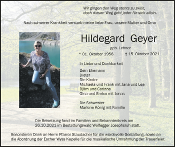 Anzeige von Hildegard Geyer von Schwäbische Zeitung