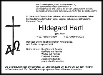 Anzeige von Hildegard Hartl von Schwäbische Zeitung