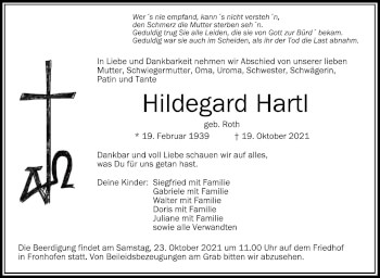Anzeige von Hildegard Hartl von Schwäbische Zeitung