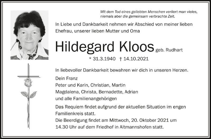  Traueranzeige für Hildegard Kloos vom 18.10.2021 aus Schwäbische Zeitung