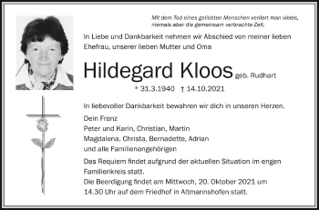 Anzeige von Hildegard Kloos von Schwäbische Zeitung