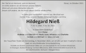 Anzeige von Hildegard Nieß von Schwäbische Zeitung