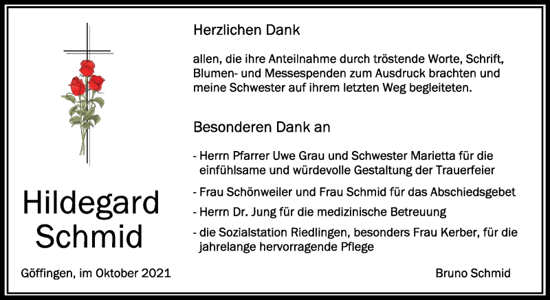  Traueranzeige für Hildegard Schmid vom 09.10.2021 aus Schwäbische Zeitung
