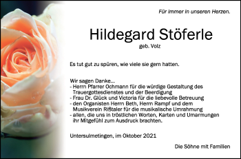 Anzeige von Hildegard Stöferle von Schwäbische Zeitung