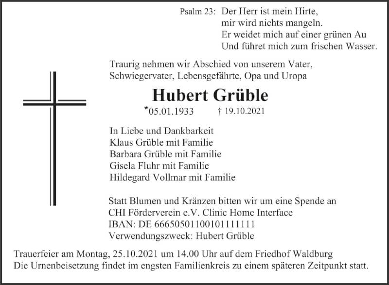  Traueranzeige für Hubert Grüble vom 23.10.2021 aus Schwäbische Zeitung