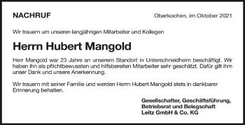 Anzeige von Hubert Mangold von Schwäbische Zeitung