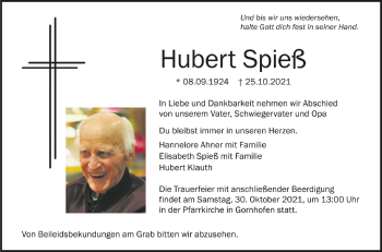Anzeige von Hubert Spieß von Schwäbische Zeitung