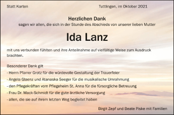 Anzeige von Ida Lanz von Schwäbische Zeitung