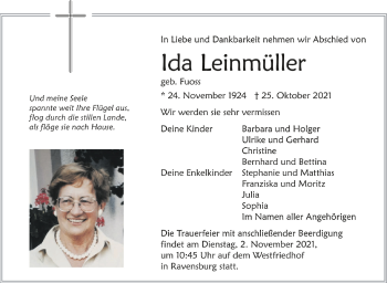 Anzeige von Ida Leinmüller von Schwäbische Zeitung