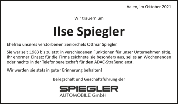 Anzeige von Ilse Spiegler von Schwäbische Zeitung