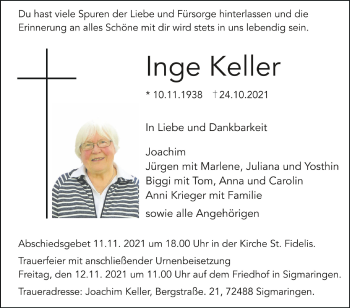 Anzeige von Inge Keller von Schwäbische Zeitung