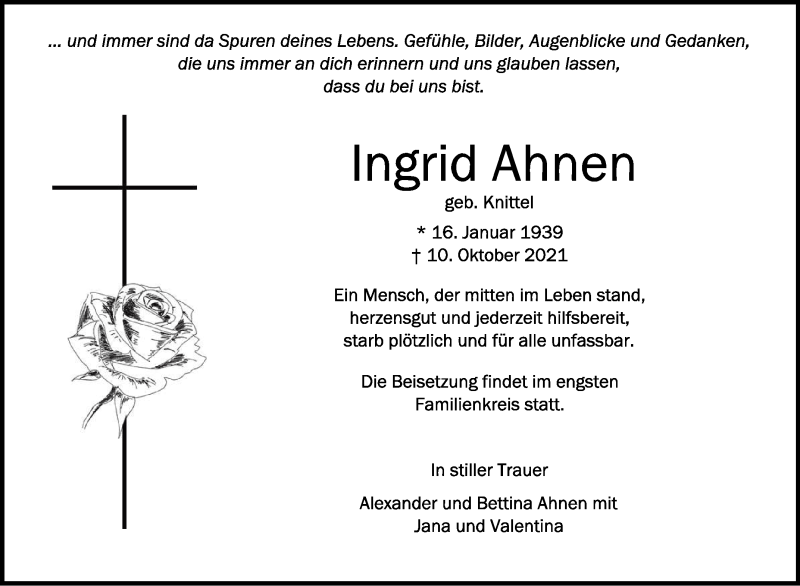  Traueranzeige für Ingrid Ahnen vom 14.10.2021 aus Schwäbische Zeitung