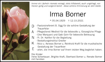 Anzeige von Irma Borner von Schwäbische Zeitung