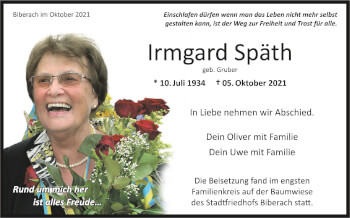 Anzeige von Irmgard Späth von Schwäbische Zeitung