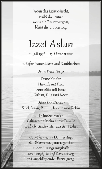 Anzeige von Izzet Aslan von Schwäbische Zeitung