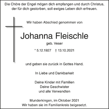 Anzeige von Johanna Fleischle von Schwäbische Zeitung