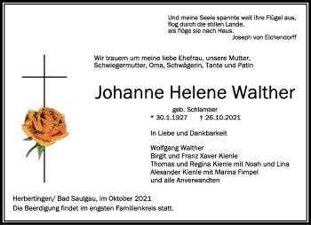 Anzeige von Johanne Helene Walther von Schwäbische Zeitung