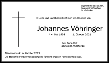Anzeige von Johannes Vöhringer von Schwäbische Zeitung