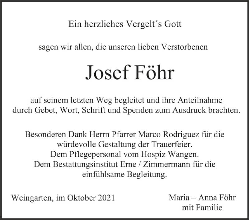  Traueranzeige für Josef Föhr vom 23.10.2021 aus Schwäbische Zeitung