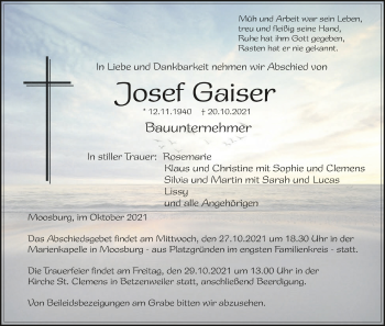 Anzeige von Josef Geiser von Schwäbische Zeitung