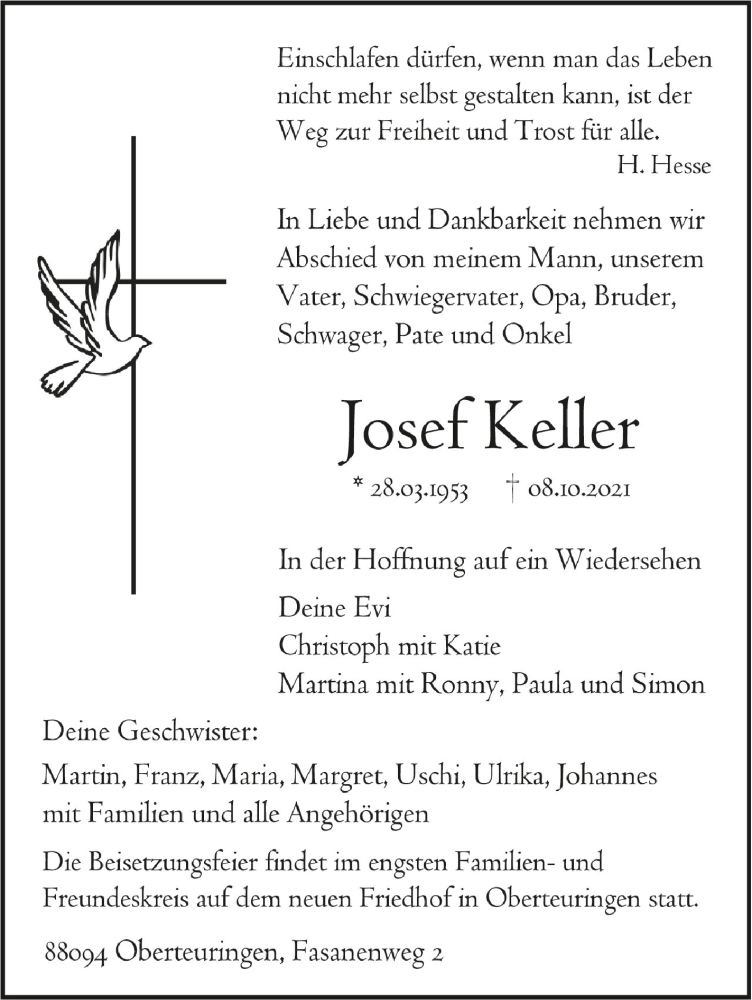  Traueranzeige für Josef Keller vom 12.10.2021 aus Schwäbische Zeitung