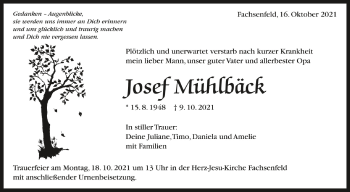 Anzeige von Josef Mühlbäck von Schwäbische Zeitung