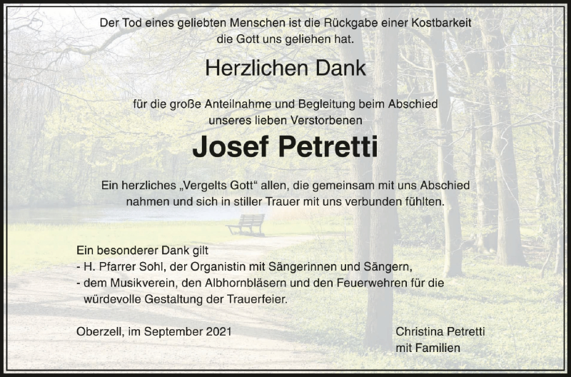  Traueranzeige für Josef Petretti vom 02.10.2021 aus Schwäbische Zeitung