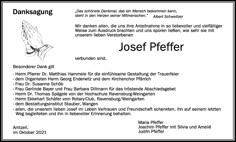  Traueranzeige für Josef Pfeffer vom 09.10.2021 aus Schwäbische Zeitung