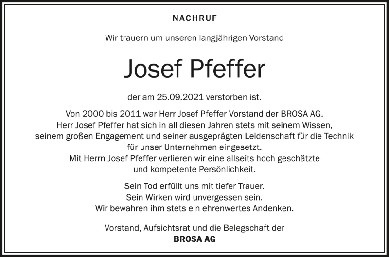  Traueranzeige für Josef Pfeffer vom 01.10.2021 aus Schwäbische Zeitung