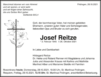 Anzeige von Josef Reitze von Schwäbische Zeitung