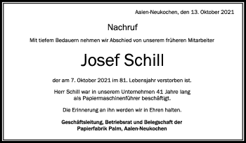 Anzeige von Josef Schill von Schwäbische Zeitung