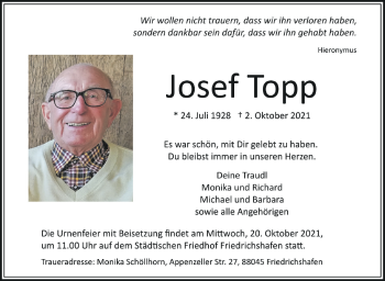 Anzeige von Josef Topp von Schwäbische Zeitung