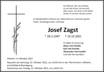 Anzeige von Josef Zagst von Schwäbische Zeitung