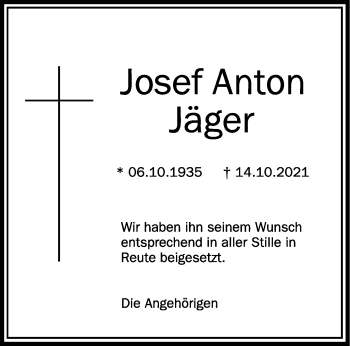 Anzeige von Josef Anton Jäger von Schwäbische Zeitung