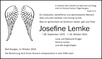 Anzeige von Josefine Lemke von Schwäbische Zeitung